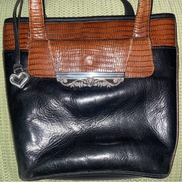 Brighton Bucket Shoulder Bag, Smooth Black leather w/ brown embossed accents. - Picture 1 of 15